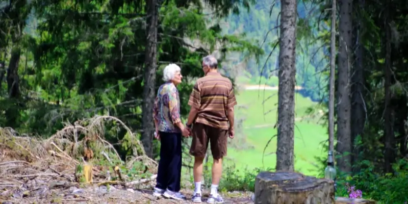 An older couple holding hands while standing in a forest clearing with tall trees and green hills in the background.