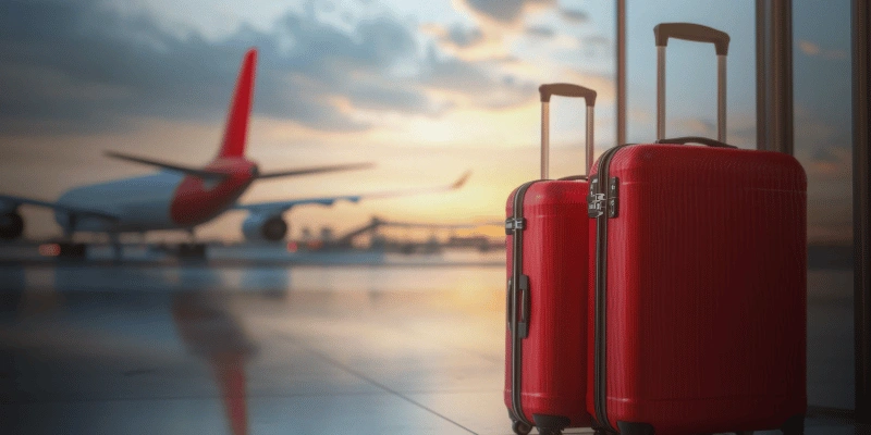 Two bright red suitcases standing near a window with an airplane in the background