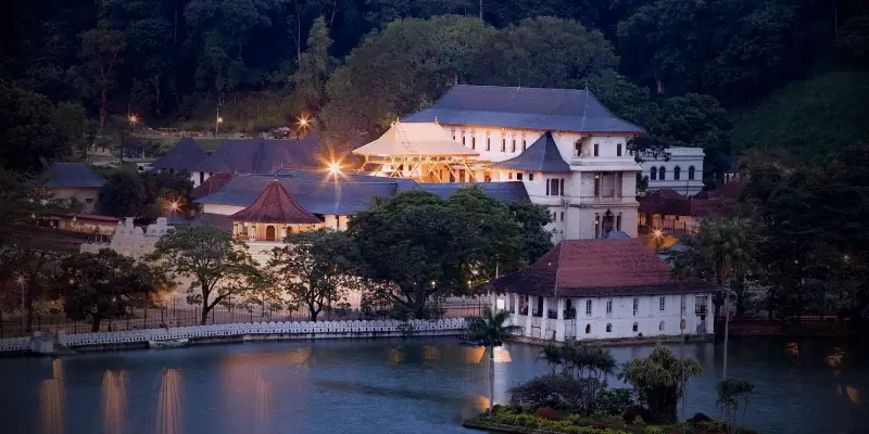 A calm evening view of a lakeside temple complex surrounded by trees and soft lights.