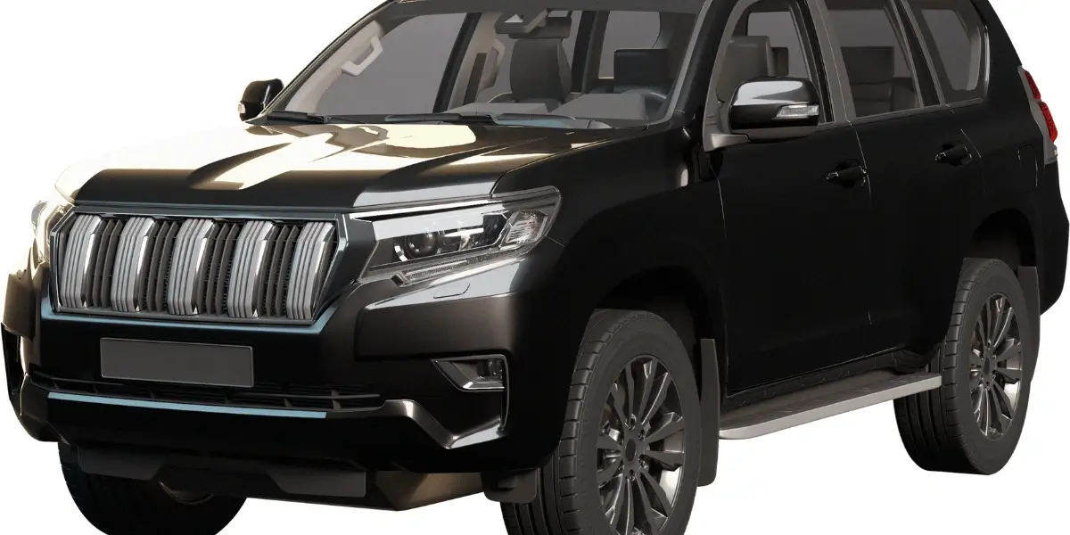 : A shiny black SUV facing slightly left, with a tall front grille, bright headlights, and large wheels, shown on a plain background.