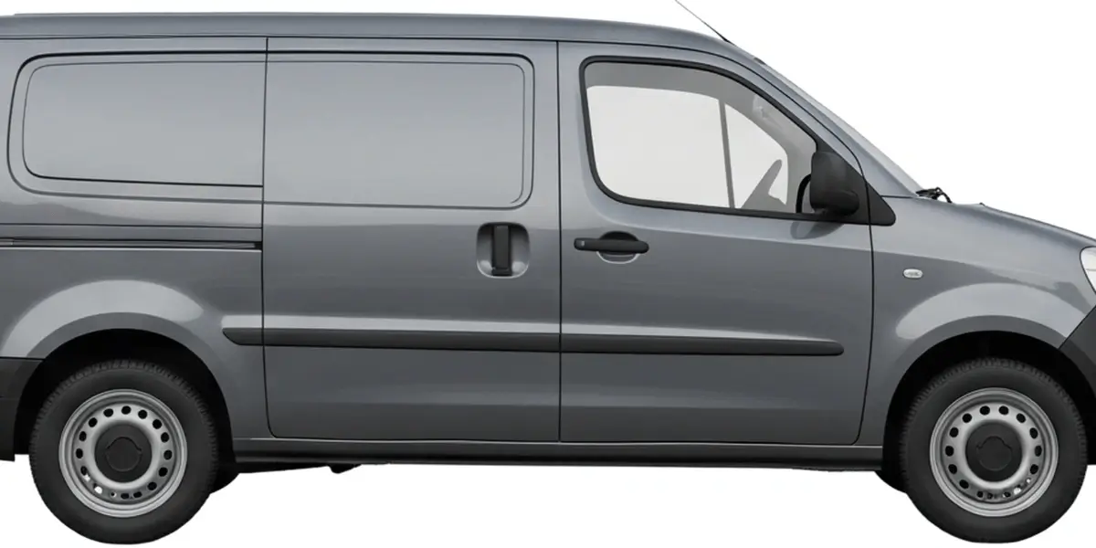 A grey delivery van viewed from the side on a plain white background